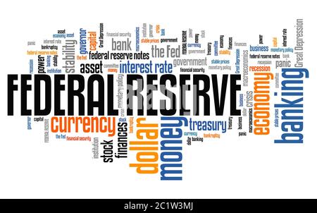 Federal Reserve - Wirtschaft Stabilitäts- und Währungspolitik Wort Collage. Stockfoto