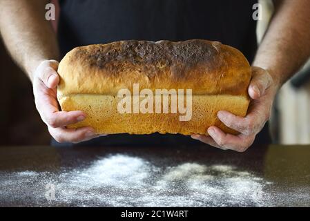 Männliche Hände halten frisch gebackenes Brot Stockfoto