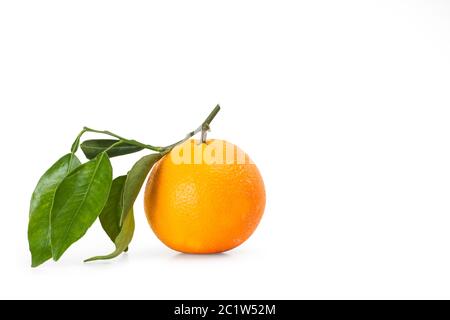 Eine Orange mit grünen Blättern auf gelbem Hintergrund Stockfoto