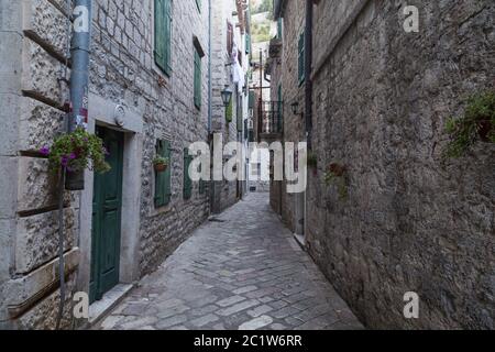 KOTOR, MONTENEGRO - 13. AUGUST 2016: Straßen der Altstadt Kotor tagsüber, zeigt die Außenseite der Gebäude. Stockfoto