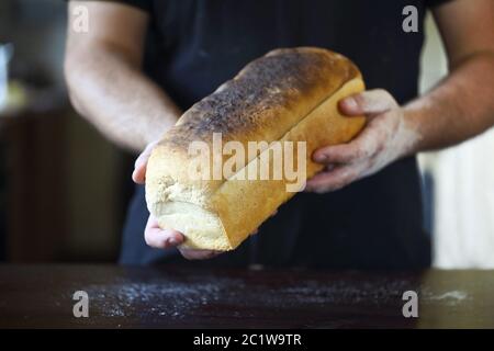 Männliche Hände halten frisch gebackenes Brot Stockfoto