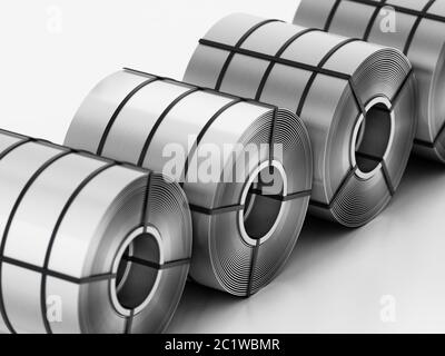 Edelstahlrollen in einer Reihe. 3D-Illustration. Stockfoto