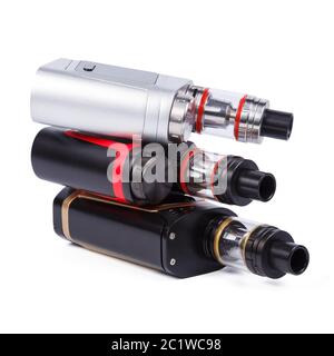 Vaping Gerät E-Zigarette elektronische Zigarette, vape isoliert auf dem weißen Hintergrund. Elektronischer Nikotinverdampfer. Modern ato Stockfoto