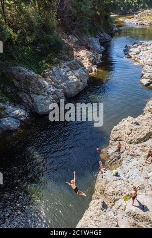 Junge springen in den Pelorus River an Pelorus Bridge, Marlborough, South Island, Neuseeland Stockfoto