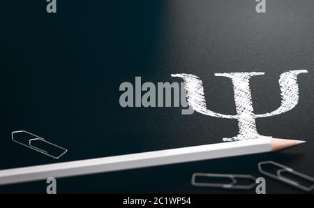 3d-Illustration eines weißen PSI-Buchstabens, Symbol für Psychologie oder Psychiatrie, geschrieben auf schwarzem Hintergrund. Griechisches Alphabet. Stockfoto