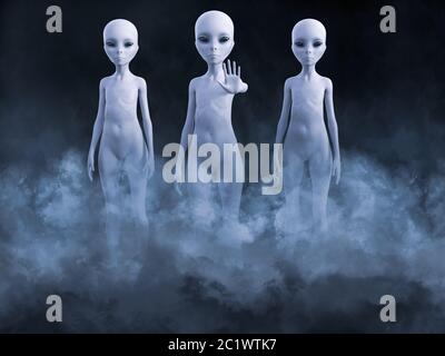 3D-Darstellung einer Begegnung mit drei Aliens, die in Rauch stehen. Einer von ihnen hält seine Hand hoch, als würde er dich grüßen. Stockfoto