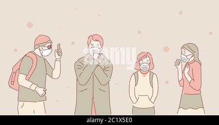 Unglückliche Menschen in schützenden Gesichtsmasken wegen der Luftverschmutzung Vektor Cartoon Umriss Illustration. Mann und Frau husten, Junge Überprüfung der Luftqualitätsindex auf dem Smartphone. Stock Vektor