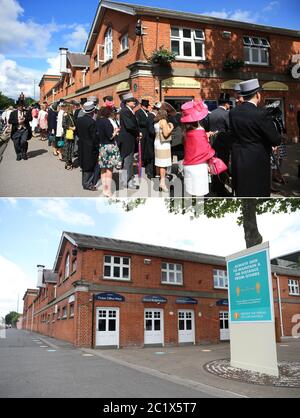 Zusammengesetztes Foto von (oben) Rennfahrern, die sich anstellen, um die Tore vor Tag zwei des Royal Ascot 2016 zu öffnen, auf der Ascot Racecourse, Berkshire am 15/06/16, und dem leeren Ticketbüro heute (unten), während das Royal Ascot Treffen hinter verschlossenen Türen während der Covid-19 Pandemie stattfindet. Stockfoto