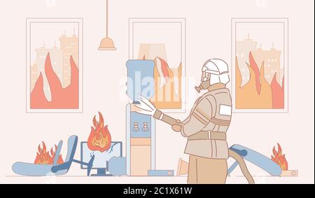 Tapfere Feuerwehrmann in Uniform und Helm halten in der Hand Feuerlöscher und löschen Feuer im Büro Vektor Cartoon skizzieren Illustration. Feuerwehrmann im Brennraum, Feuerwehrnotruf Konzept. Stock Vektor