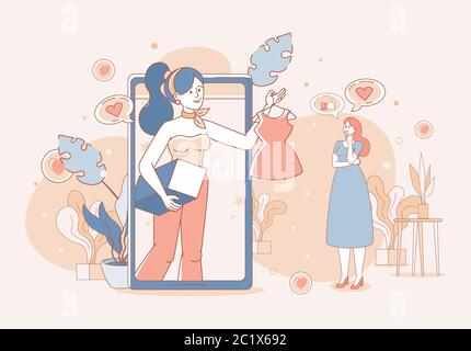 Online-Shopping Vektor Cartoon Umriss Illustration. Lächelnde junge Frau in modischen Kleidern Wahl und bestellen Sie ein Kleid für Garderobe. Sonderangebot, saisonaler Verkauf auf der Landing Page-Vorlage des Stores. Stock Vektor
