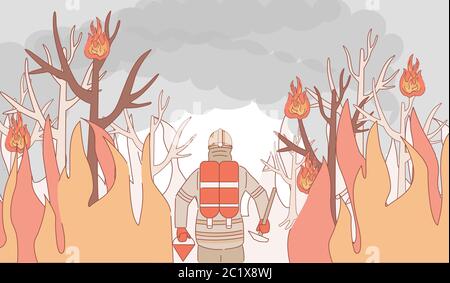 Brave Feuerwehrmann in Uniform und Helm mit Rettungsausrüstung löscht einen Waldbrand Vektor Cartoon skizzieren Illustration. Feuerwehrmann im brennenden Wald versucht, das Feuer zu löschen. Stock Vektor