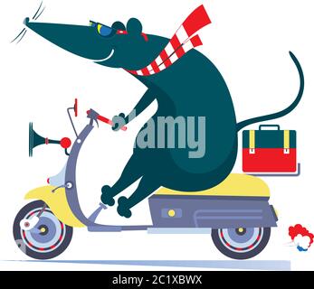 Lustige Ratte oder Maus Fahrten auf dem Roller Illustration. Cartoon Ratte oder Maus Fahrten auf dem Roller isoliert auf weiß Stock Vektor