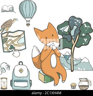Reise-Set von Camping-Objekte. Hand gezeichnet Cartoon Vektor mit Fuchs und Symbol für die Suche nach Weg. Designelement Stock Vektor
