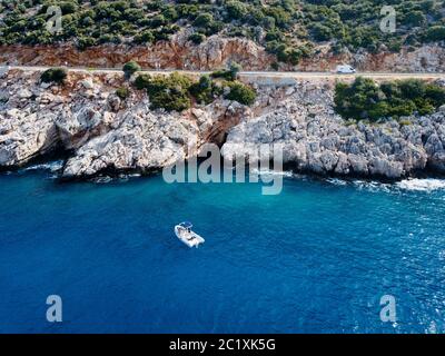 Luftaufnahme der felsigen Küste bei Kas Antalya Türkei Stockfoto
