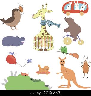 Vektor-Set von niedlichen Wildtieren im Wald Fuchs, Bär, Igel, Kaninchen, Schnecke, Hirsch, Eule, Vogel, Maus. Vintage-Set. Stock Vektor