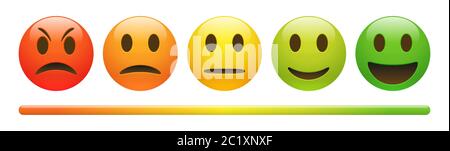 Vektor Emotion Feedback Skala auf weißem Hintergrund. Wütend, traurig, neutral und glücklich Emoticon gesetzt. Glänzend rot, orange, gelb und grün lustige Cartoon Emoj Stock Vektor