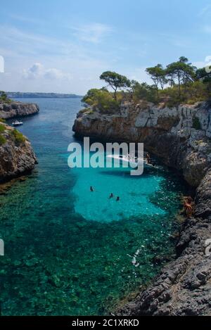 Touristen schwimmen von einem Boot in Cala Beltran Bucht, in der Nähe von Cala Pi, Mallorca Südküste, August. Stockfoto