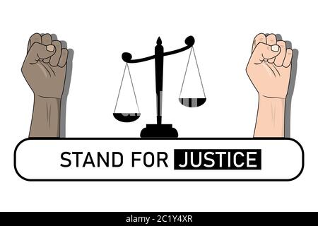 Vektorgrafik mit dem Text "Stand for Justice". Schwarz-weiß erhobene Fäuste. Konzept der Einheit und Stärke gegen Ungerechtigkeit und Manipulation Stock Vektor