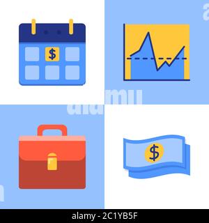 Geschäfts- und Investitionsikone im flachen Stil. Kalender mit Zahldatum, Grafik, Portfolio und Geldsymbolen. Vektorgrafik. Stock Vektor