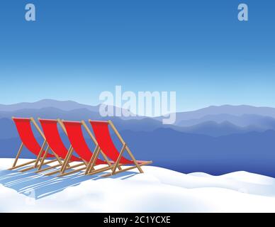 Vier Liegestühle im Schnee warten auf Skifahrer. Winterurlaub im Winterresort Stock Vektor