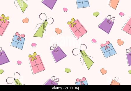 Bunte Geschenkboxen Nahtloses Muster mit Herzen. Vektorgrafiken für Stock. Stock Vektor
