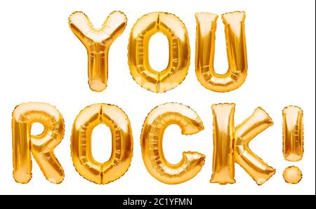 Wörter, DIE SIE FELSEN aus goldenen aufblasbaren Ballons isoliert auf weiß. Motivation, Slang positive Affirmation Worte, Gold Ballons Schriftzug, Nachricht Stockfoto