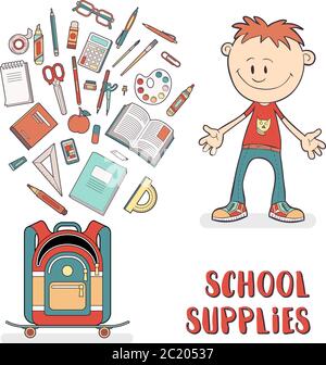 Schulbedarf im Rucksack Stock Vektor