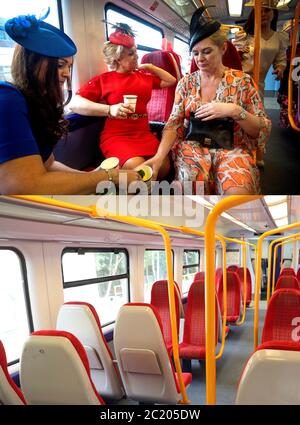 Zusammengesetztes Foto von (oben) Rennfahrern, die im Zug von Londons Waterloo Station nach Ascot fahren, am ersten Tag des Royal Ascot Meetings am 18/06/19, Und (unten) leerer Zugwagen auf einem Zug der South Western Railway von London Waterloo nach Ascot heute, da das Royal Ascot Treffen hinter verschlossenen Türen während der Covid-19 Pandemie stattfindet. Stockfoto