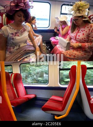 Zusammengesetztes Foto von (oben) Rennfahrern, die im Zug von Londons Waterloo Station nach Ascot fahren, am ersten Tag des Royal Ascot Meetings am 18/06/19, Und (unten) leerer Zugwagen auf einem Zug der South Western Railway von London Waterloo nach Ascot heute, da das Royal Ascot Treffen hinter verschlossenen Türen während der Covid-19 Pandemie stattfindet. Stockfoto