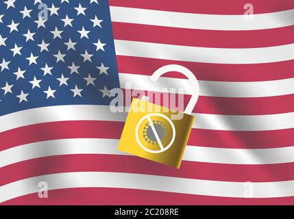 Konzepte der Wiedereröffnung Amerika nach der Aussperrung des Landes zur Prävention Coronavirus Pandemie Ausbruch. Abbildung der USA Karte und Schlüssel entsperren Stock Vektor