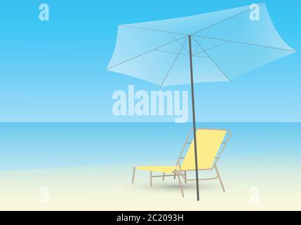 Eine gelbe Liege und ein blauer Sonnenschirm am Strand. Hintergrund des blauen Meeres in sonnigen Tag. Stock Vektor