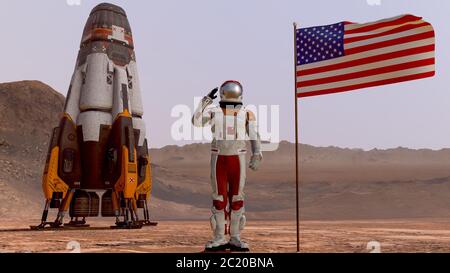 Astronaut grüsst die amerikanische Flagge. Mission To Mars Erkunden. Futuristisches Kolonisierungs- und Weltraumerkundungskonzept. 3d-Rendering. Kolonie auf dem Mars. Stockfoto