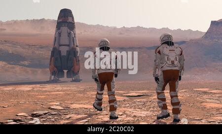 Astronaut Trägt Space Suit Wandern Auf Der Oberfläche Des Mars. Mission To Mars Erkunden. Futuristisches Kolonisierungs- und Weltraumerkundungskonzept. 3d-Rend Stockfoto