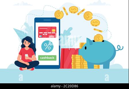 Cashback-Konzept - Frau mit Smartphone, Geld geht in ein Sparschwein. Vektorgrafik in flacher Form Stock Vektor