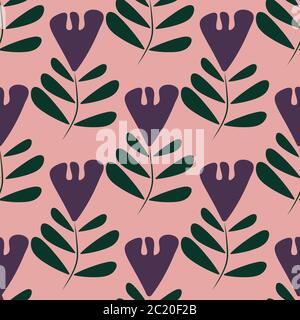 Wilde Wiese Blumen nahtlose Vektor-Muster Hintergrund. Botanische dunkelviolett rosa Blüten Hintergrund. Folk Country Stil einfache geometrische Design Stock Vektor