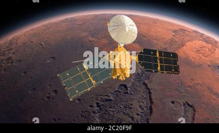 Mars Reconnaissance Orbiter, MRO umkreist Mars. Mars Planet rotiert im Weltraum.Reisen zum roten Planeten Mars im Weltraum. Elemente dieses vi Stockfoto