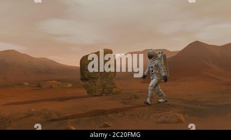 3D-Rendering. Kolonie auf dem Mars. Zwei Astronauten Im Raumanzug Auf Der Marsoberfläche. Mission To Mars Erkunden. Futuristische Kolonisierung und Stockfoto
