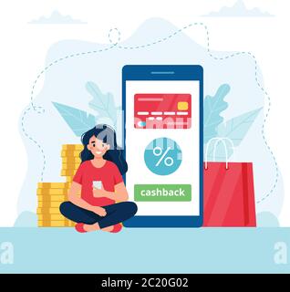 Cashback-Konzept - Frau mit Smartphone, Smartphone mit Kreditkarte darauf. Vektorgrafik in flacher Form Stock Vektor