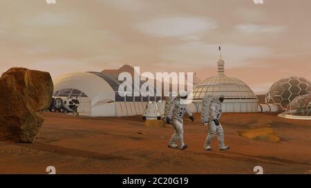 3D-Rendering. Kolonie auf dem Mars. Zwei Astronauten Im Raumanzug Auf Der Marsoberfläche. Mission To Mars Erkunden. Futuristische Kolonisierung und Stockfoto