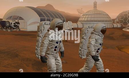 3D-Rendering. Kolonie auf dem Mars. Zwei Astronauten Im Raumanzug Auf Der Marsoberfläche. Mission To Mars Erkunden. Futuristische Kolonisierung und Stockfoto