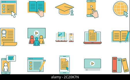 Linie und Füllung Stil Icon Set Design, Bildung Online-und elearning-Thema Vektor-Illustration Stock Vektor