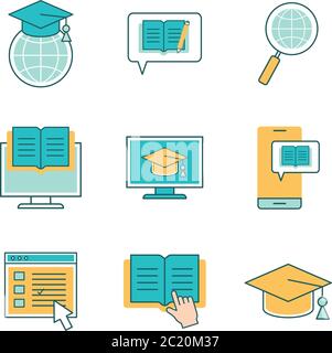 Linie und Füllung Stil Icon Set Design, Bildung Online-und elearning-Thema Vektor-Illustration Stock Vektor