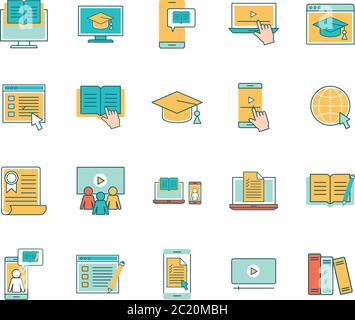 Linie und Füllung Stil Icon Set Design, Bildung Online-und elearning-Thema Vektor-Illustration Stock Vektor