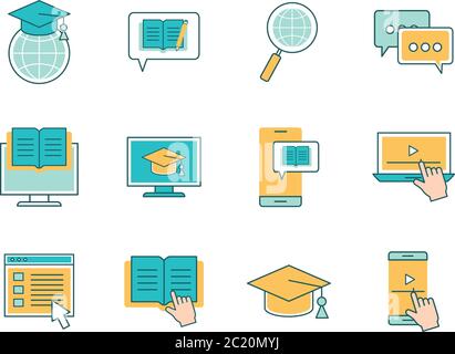 Linie und Füllung Stil Icon Set Design, Bildung Online-und elearning-Thema Vektor-Illustration Stock Vektor