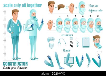 Ärzte. Zwei Männer Cartoon-Figuren für Animation. Verschiedene Verteidigungsanzüge und Handpositionen. Stock Vektor