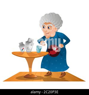 Großmutter nimmt eine Pillen. Alte Frau, die Pille für die Gesundheit isst, stehen neben dem Tisch mit Pillen-Flaschen und halten Pille in der Hand. Flacher Stil moderne Vektor-illuu Stock Vektor