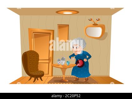 Großmutter nimmt eine Pillen. Alte Frau, die Pille für die Gesundheit isst, steht im Zimmer neben dem Tisch mit Pillen-Flaschen und Pille in der Hand. Flach im Schnitt Mo Stock Vektor