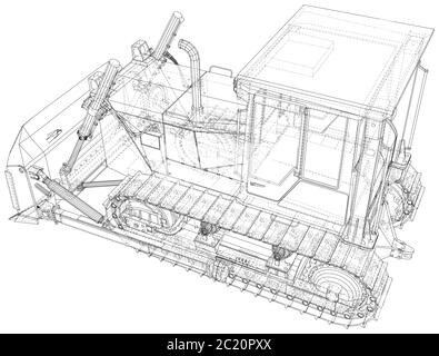 Leistungsstarke hydraulische Planierraupe. Drahtrahmen. Fahrzeug Vektor Illustration Transport. Die Schichten von sichtbaren und unsichtbaren Linien werden getrennt. EPS10-Format Stock Vektor