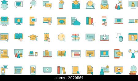 Linie und Füllung Stil Icon Set Design, Bildung Online-und elearning-Thema Vektor-Illustration Stock Vektor