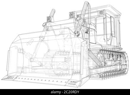 Leistungsstarke hydraulische Planierraupe. Drahtrahmen. Fahrzeug Vektor Illustration Transport. Die Schichten von sichtbaren und unsichtbaren Linien werden getrennt. EPS10-Format Stock Vektor